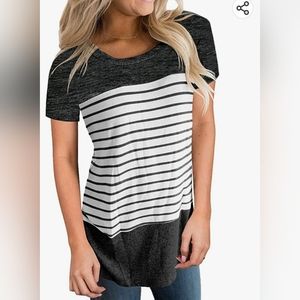 Womens Short Sleeve Round Neck, Color Block Striped Causal Shirt Size Medium